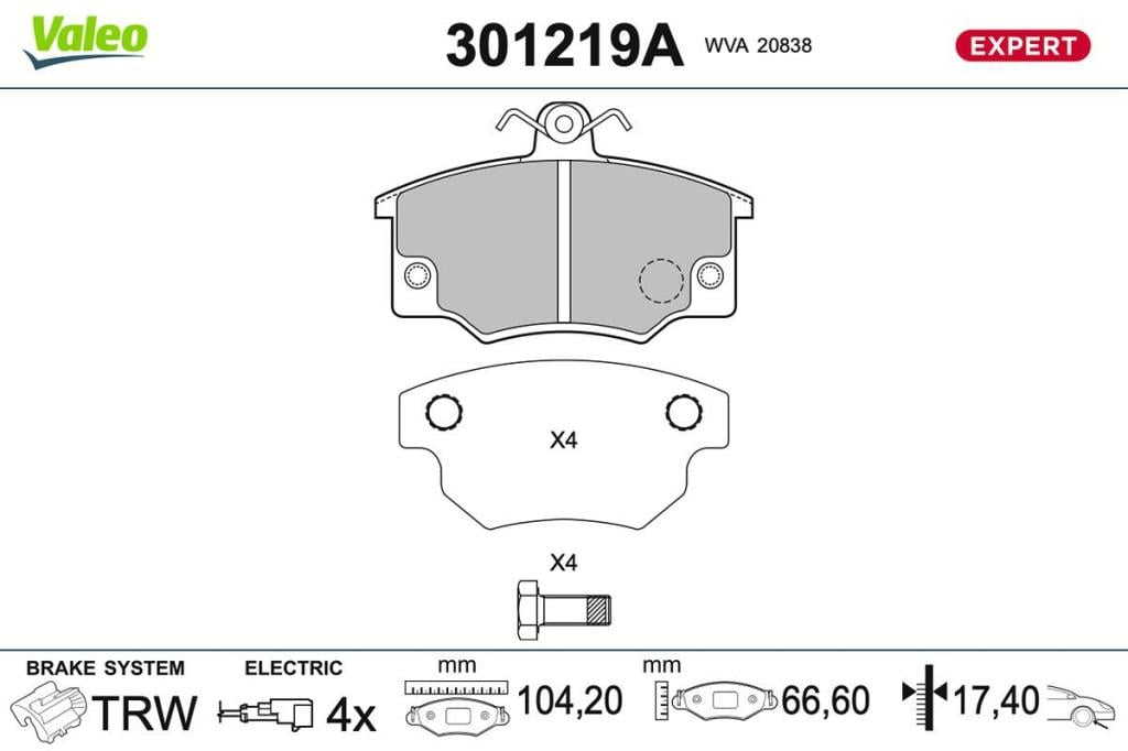Jeu de 4 plaquettes de frein VALEO ref. 301219A